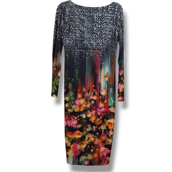 Fuzzi Midi Sheath Dress Womens Size L Long Sleeve V Neck Lined Colorful - Picture 4 of 8